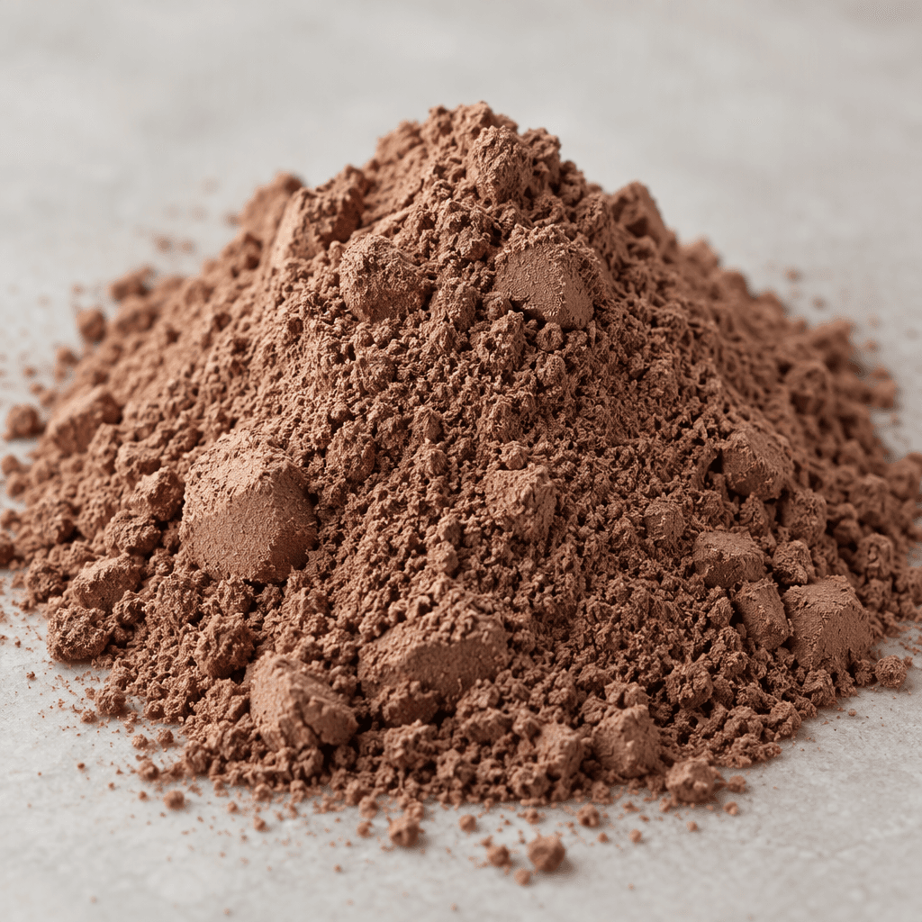 A mound of fine, dry chocolate-brown whey protein powder with a soft, slightly clumpy texture.