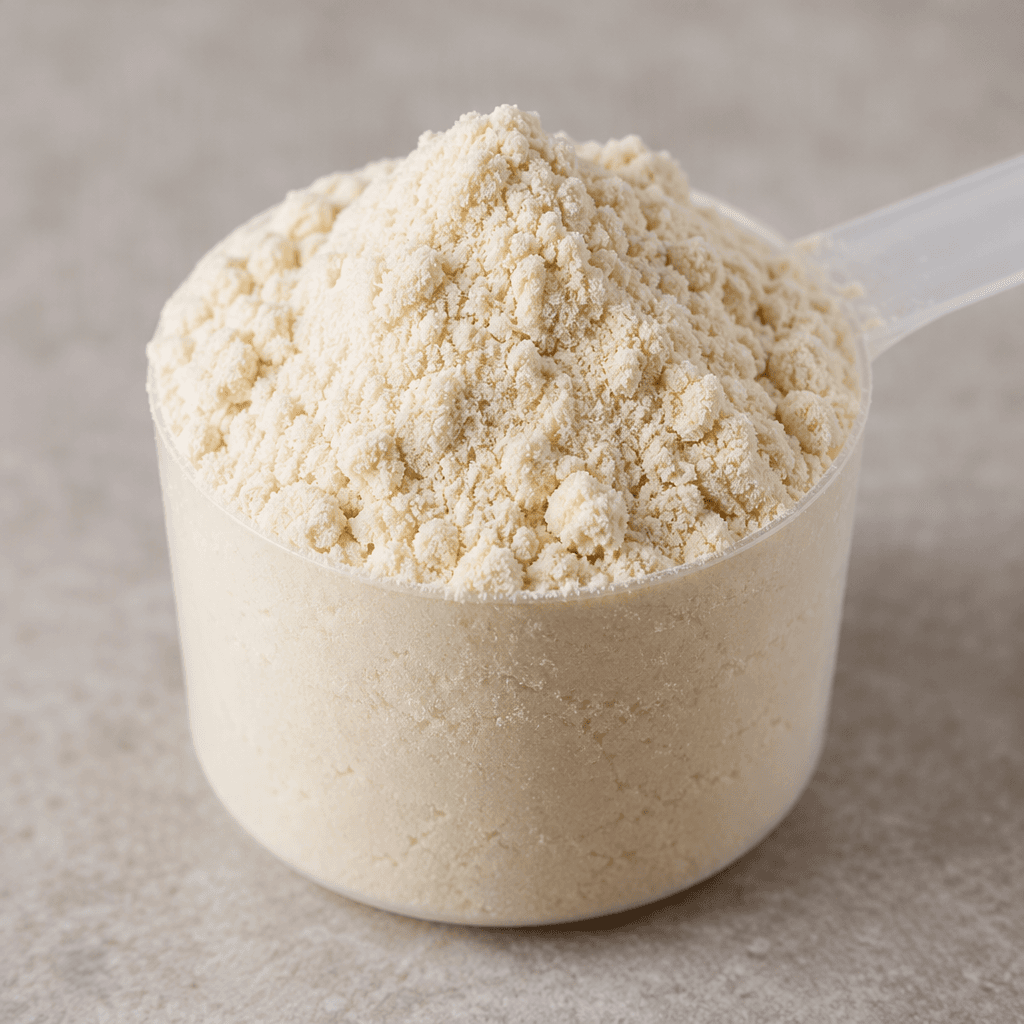 Küçük bir ölçek içinde, ince ve hafif taneli dokulu, açık krem renginde protein tozu duruyor.