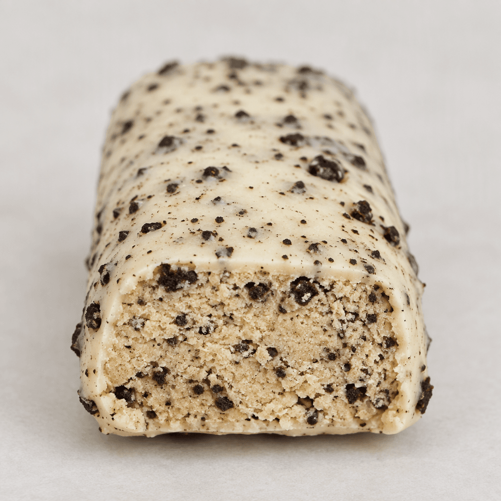 A compact, rectangular bar with rounded edges, a pale cream-colored coating dotted with dark cookie crumbs, and a cut end showing a dense beige interior speckled with crumbs.
