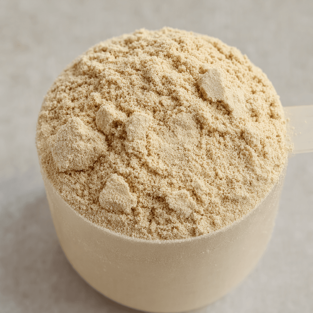 A single scoop of pale beige, finely powdered mix, loosely mounded with a few small clumps on its surface.