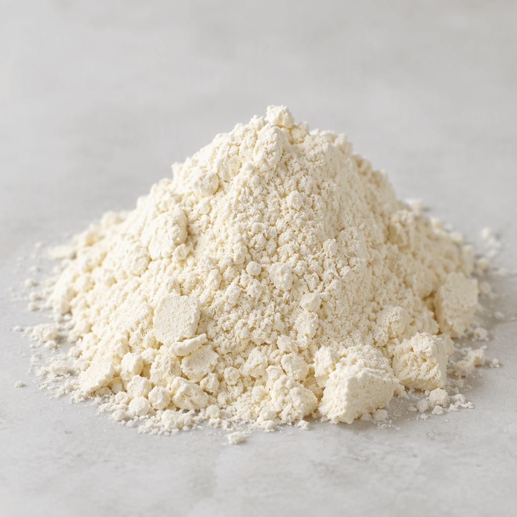 Fine, pale cream-colored protein powder with a dry, lightweight texture, gathered in a small mound.
