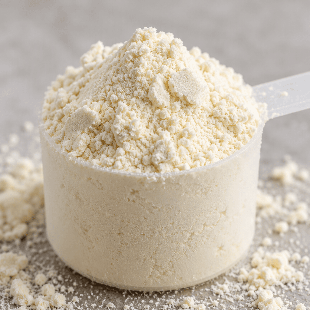 A mound of pale cream-colored whey protein powder with a fine, dry, slightly clumpy texture, resting in a small scoop.
