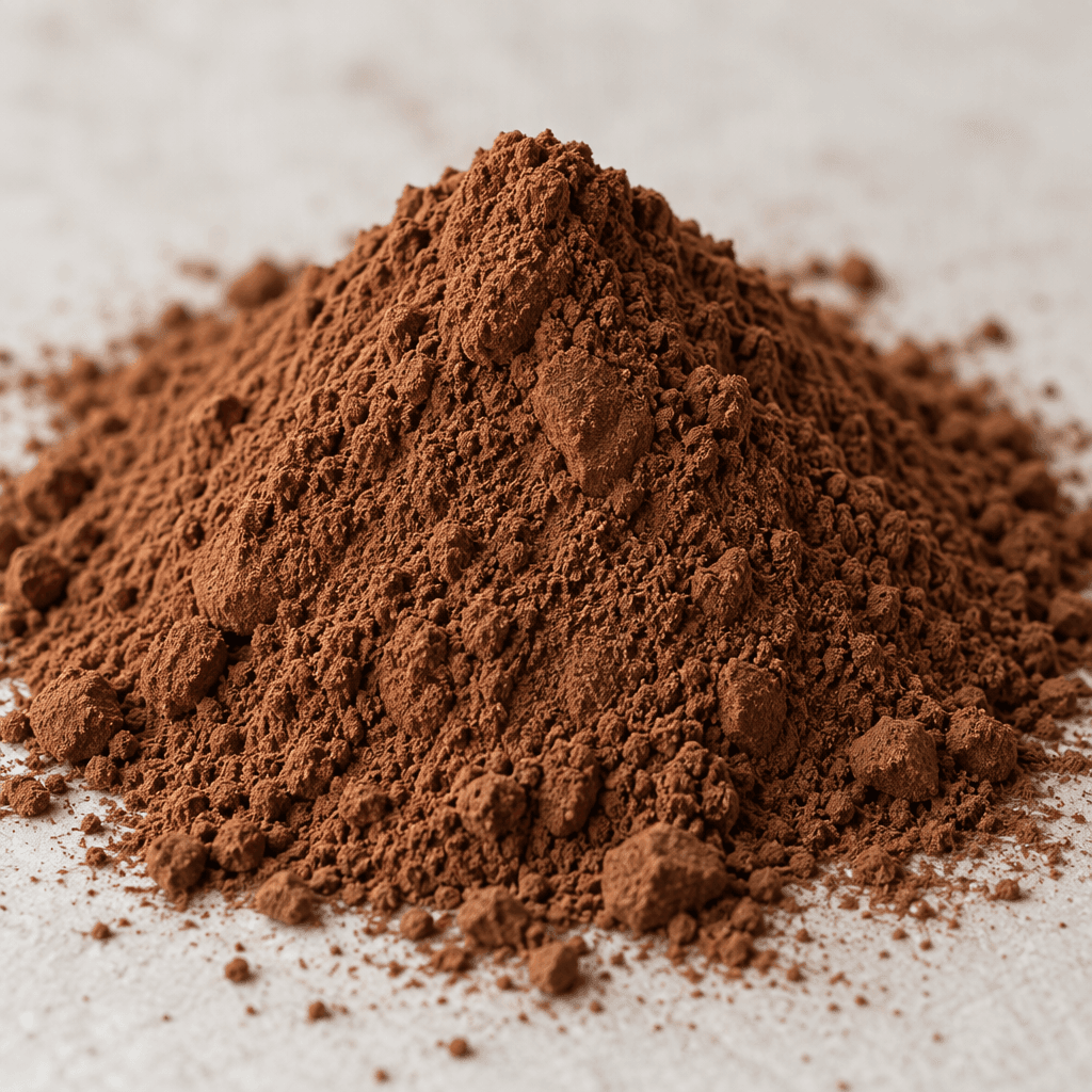 Fine, loose cocoa-brown powder with a smooth, dry texture sits in a small mound.