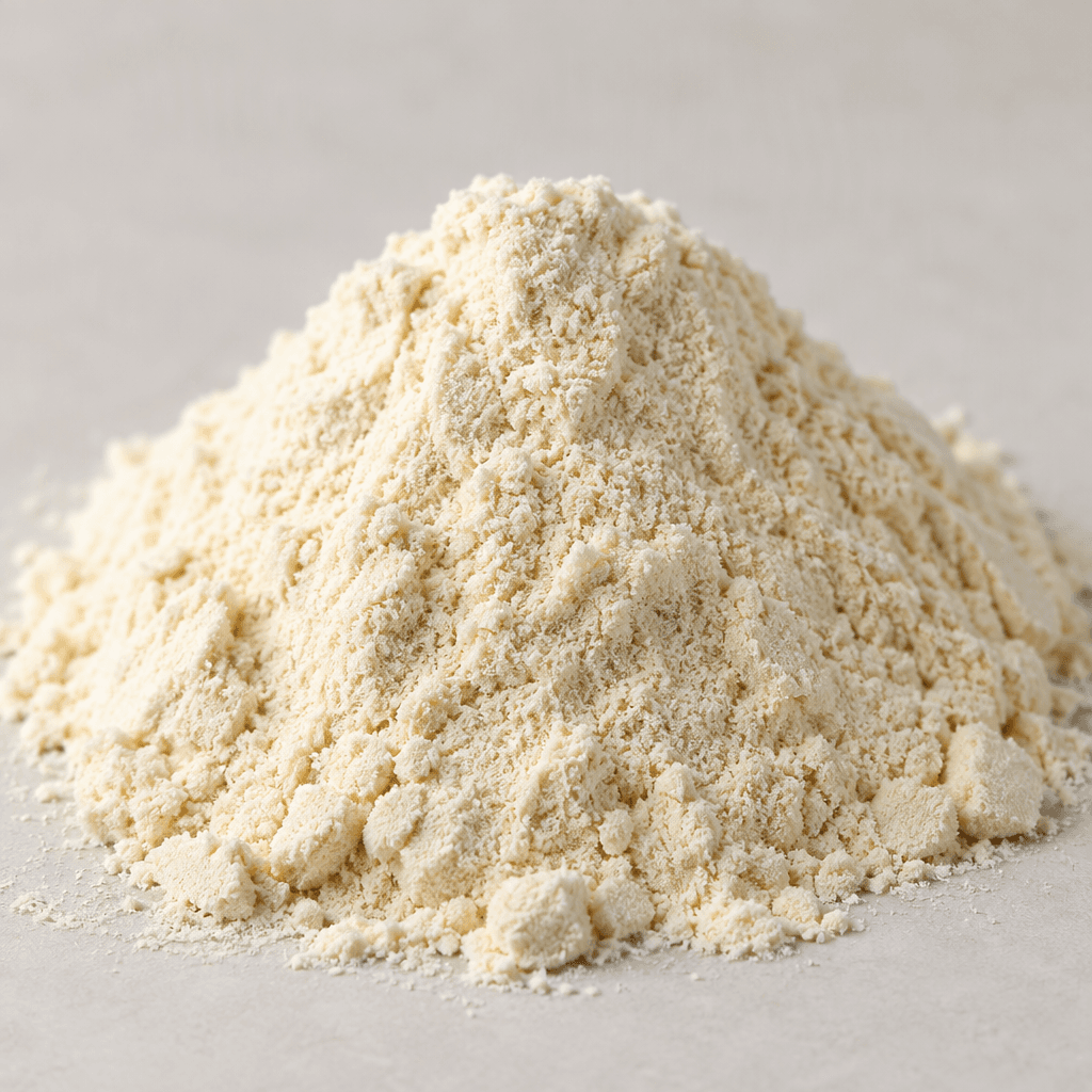 A mound of fine, pale cream-colored protein powder with a soft, slightly granular texture.