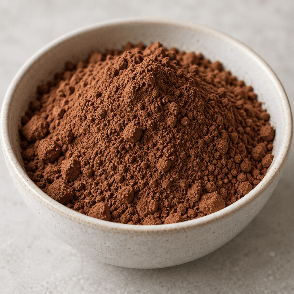 A mound of fine, matte cocoa-brown powder with a slightly grainy texture sits in a plain bowl.