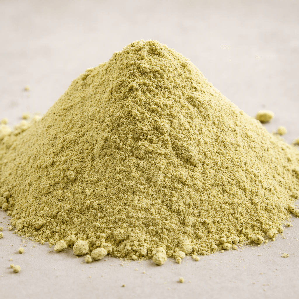 A small mound of fine, pale greenish-beige protein powder with a smooth, slightly speckled surface sits on a plain surface.