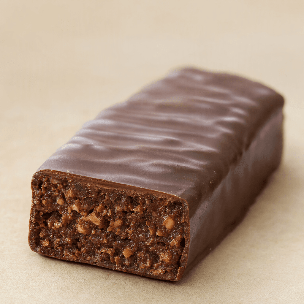 A compact, rectangular protein bar with a dark brown chocolate coating, a slightly ridged surface, and a dense, textured interior visible at one end, resting on a plain surface.