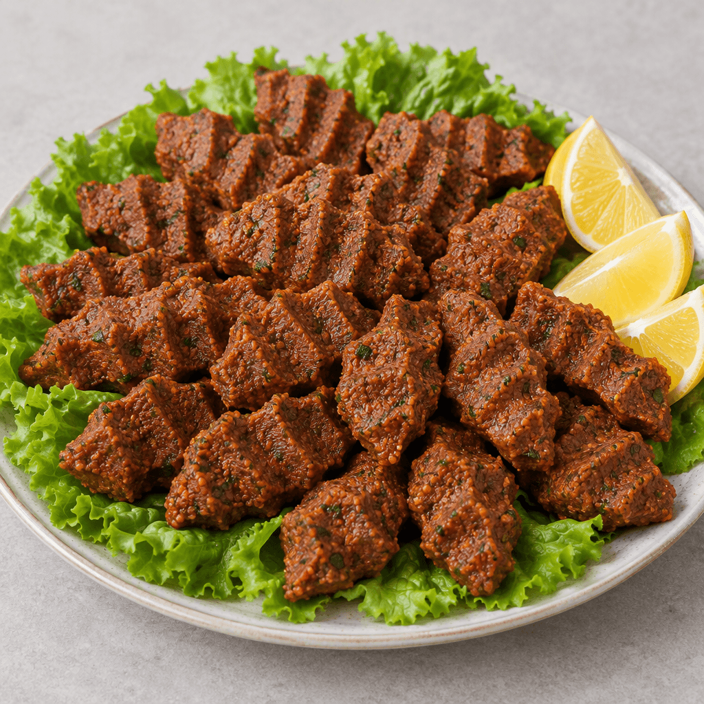 Deep reddish-brown, moist-looking bulgur-and-spice mixture is shaped into small elongated pieces with ridged finger marks and arranged on green lettuce leaves beside lemon wedges.