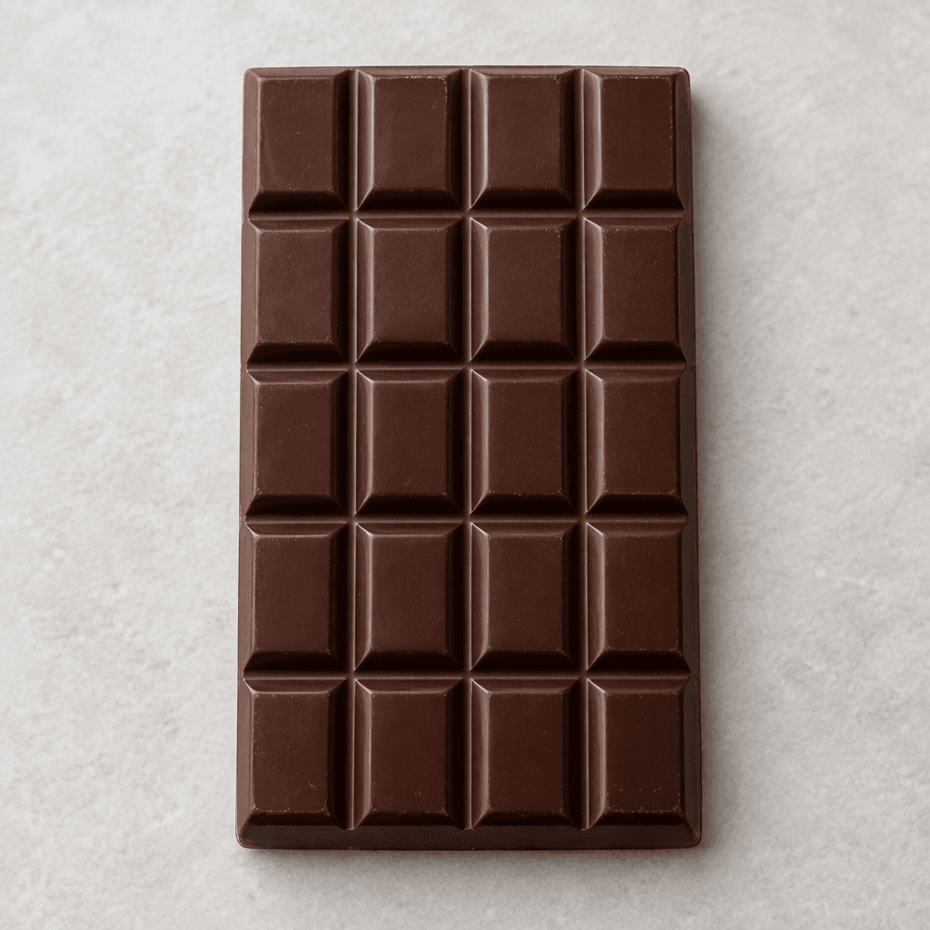 A smooth, dark-brown rectangular chocolate bar, divided into small raised squares by shallow grooves.