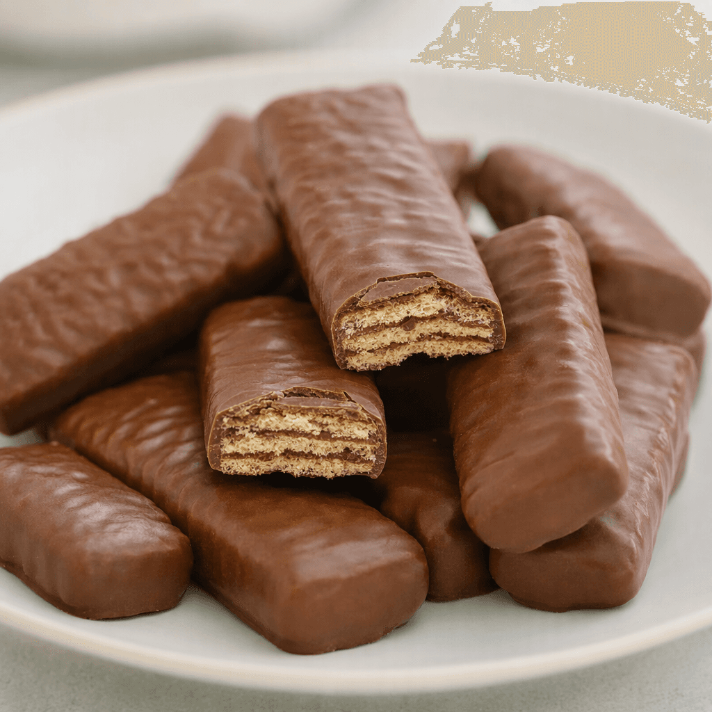 Small, bite-sized rectangular wafers with a milk-chocolate coating and a crisp, layered wafer interior visible where a piece is broken, arranged on a plain plate.