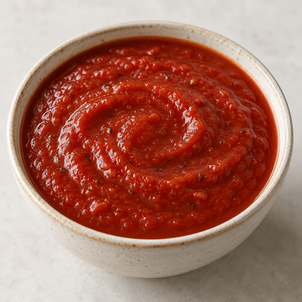 A thick, glossy deep-red tomato sauce sits in a small bowl, with a smooth texture and a few tiny tomato pieces and herb flecks visible.