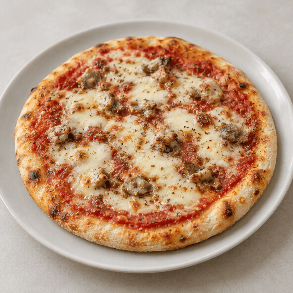 Hafif kızarmış kenarlı, yuvarlak küçük pizzanın üzerinde kırmızı domates sosu, erimiş açık renkli peynir ve dağınık küçük malzeme parçaları görülüyor; tabakta servis ediliyor.