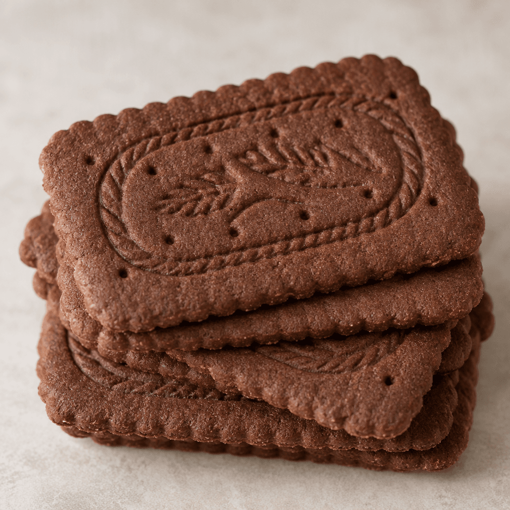 Flat, dark cocoa-brown biscuits with rounded rectangular edges and lightly embossed tops are stacked together.