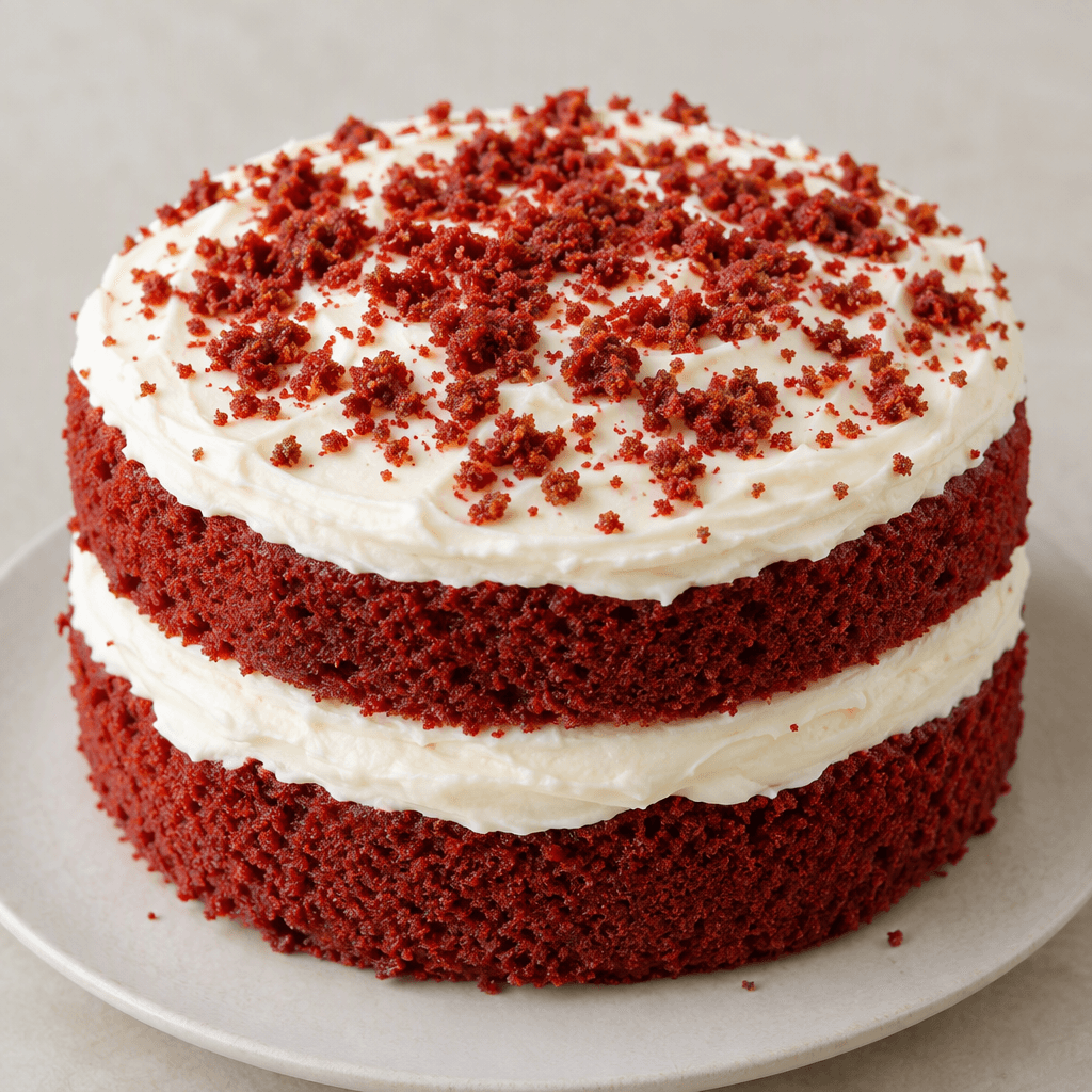 A soft-looking red sponge cake is layered with thick white cream and finished with a scattering of fine red cake crumbs.