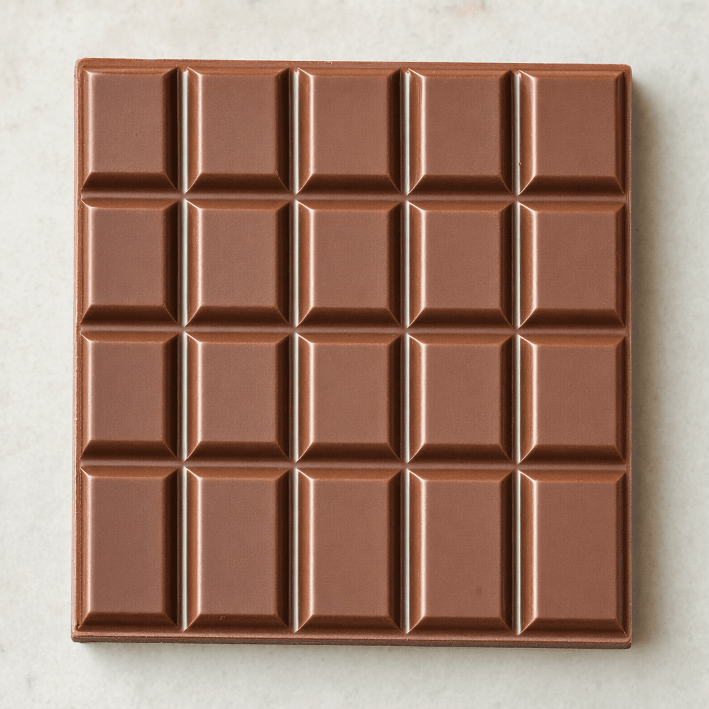 A smooth, medium-brown milk chocolate bar with a neat grid of raised rectangular sections and clean edges.