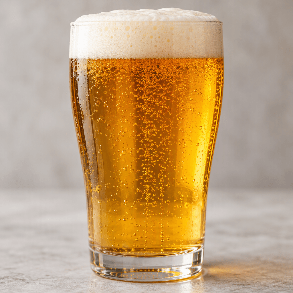 A clear, deep golden-amber beer with fine rising bubbles and a creamy, off-white foam head, served in a transparent glass.