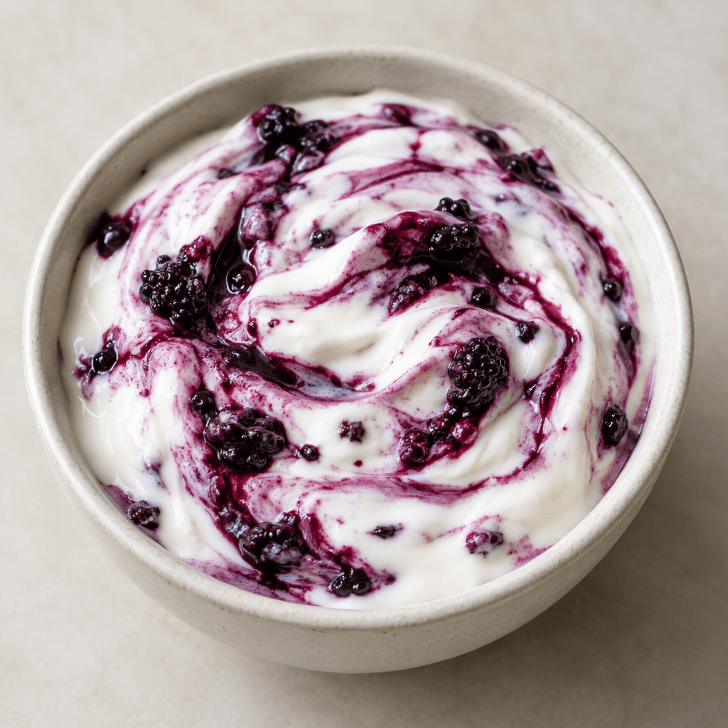 Thick, glossy white yogurt is marbled with deep purple blackberry swirls and dotted with small dark berry pieces, served in a bowl.
