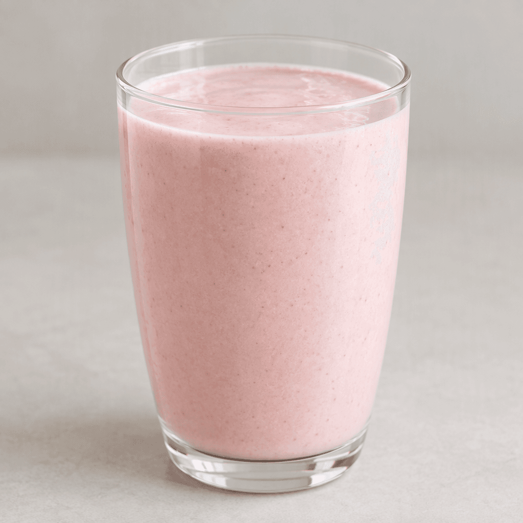 A pale pink, smooth, slightly thick strawberry kefir drink, with an even creamy appearance and no visible pieces, served in a clear glass.