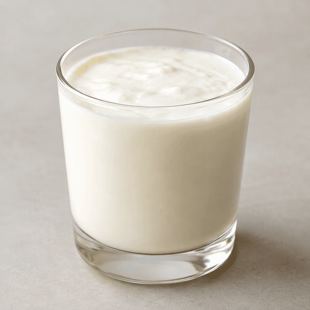A pale ivory-white, smooth, slightly thick fermented milk drink with an even, creamy appearance.