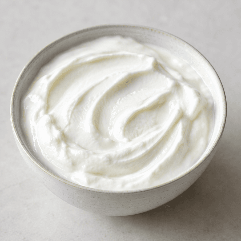 Thick, creamy white yogurt sits in a bowl, its smooth surface marked by soft spoon-made ridges.