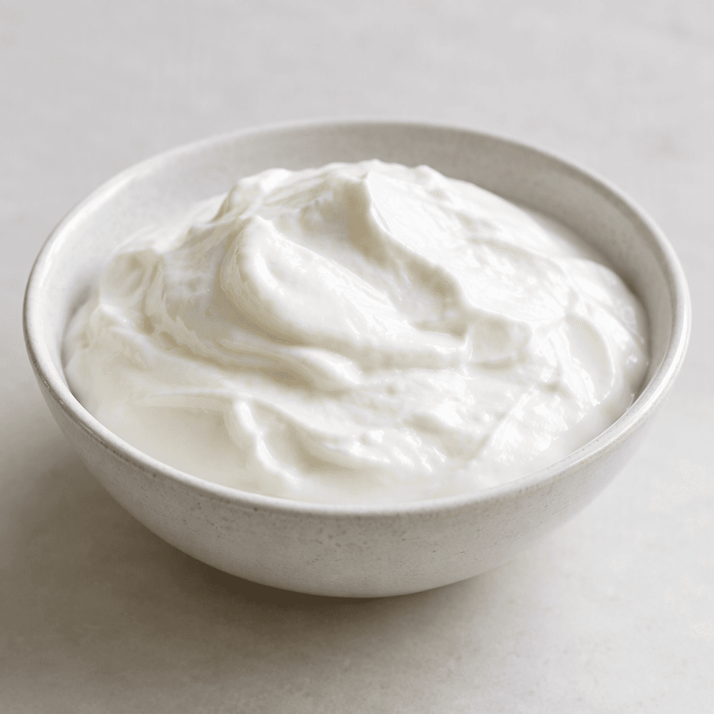 A mound of thick, plain white yogurt sits in a shallow dish, with a smooth, creamy surface and softly rounded edges.