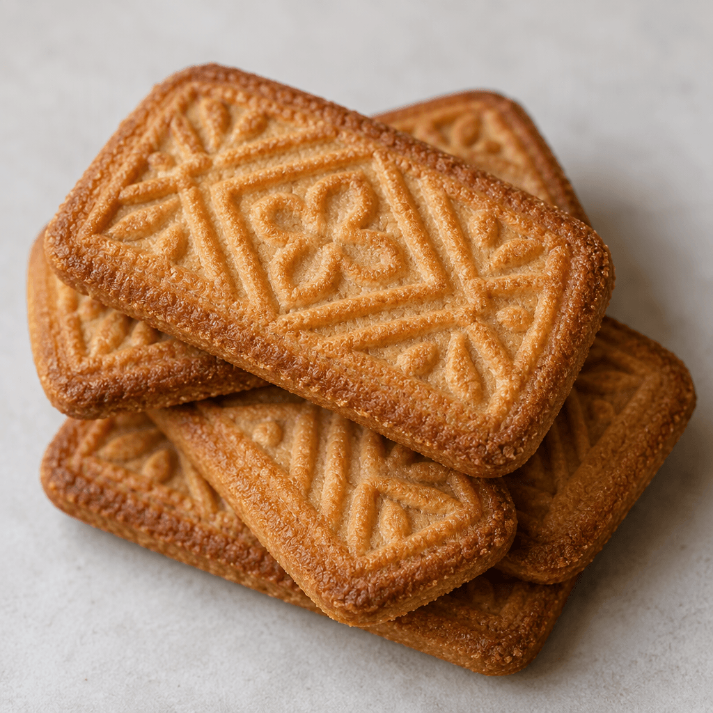 Thin, rectangular biscuits with rounded corners, a deep golden-brown surface, fine crisp edges, and an embossed geometric pattern, arranged in a small overlapping stack.