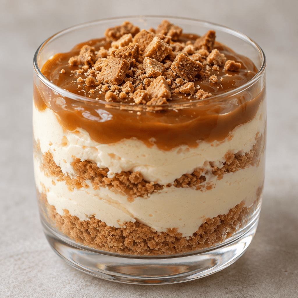 A chilled layered dessert in a clear glass, with pale cream and golden-brown biscuit crumbs beneath a glossy caramel-brown topping and a scattering of crumbs on top.