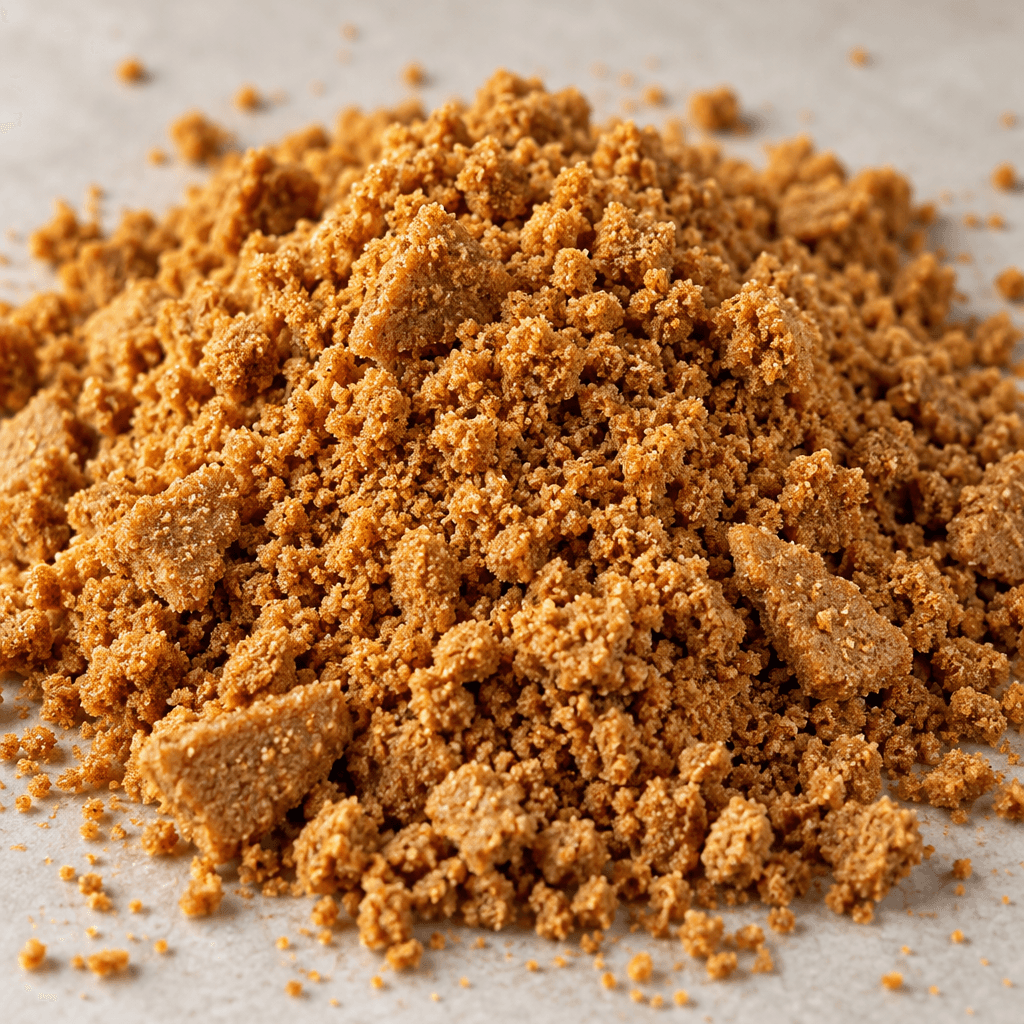 A loose mound of finely crushed, deep golden-brown spiced biscuit crumbs, with a few larger irregular pieces and a dry, sandy texture.