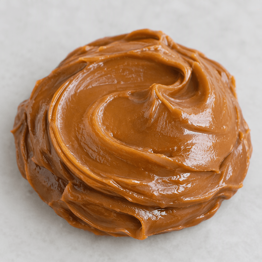 A thick, smooth, glossy caramel-brown spread sits in a soft mound with shallow swirls across its surface.