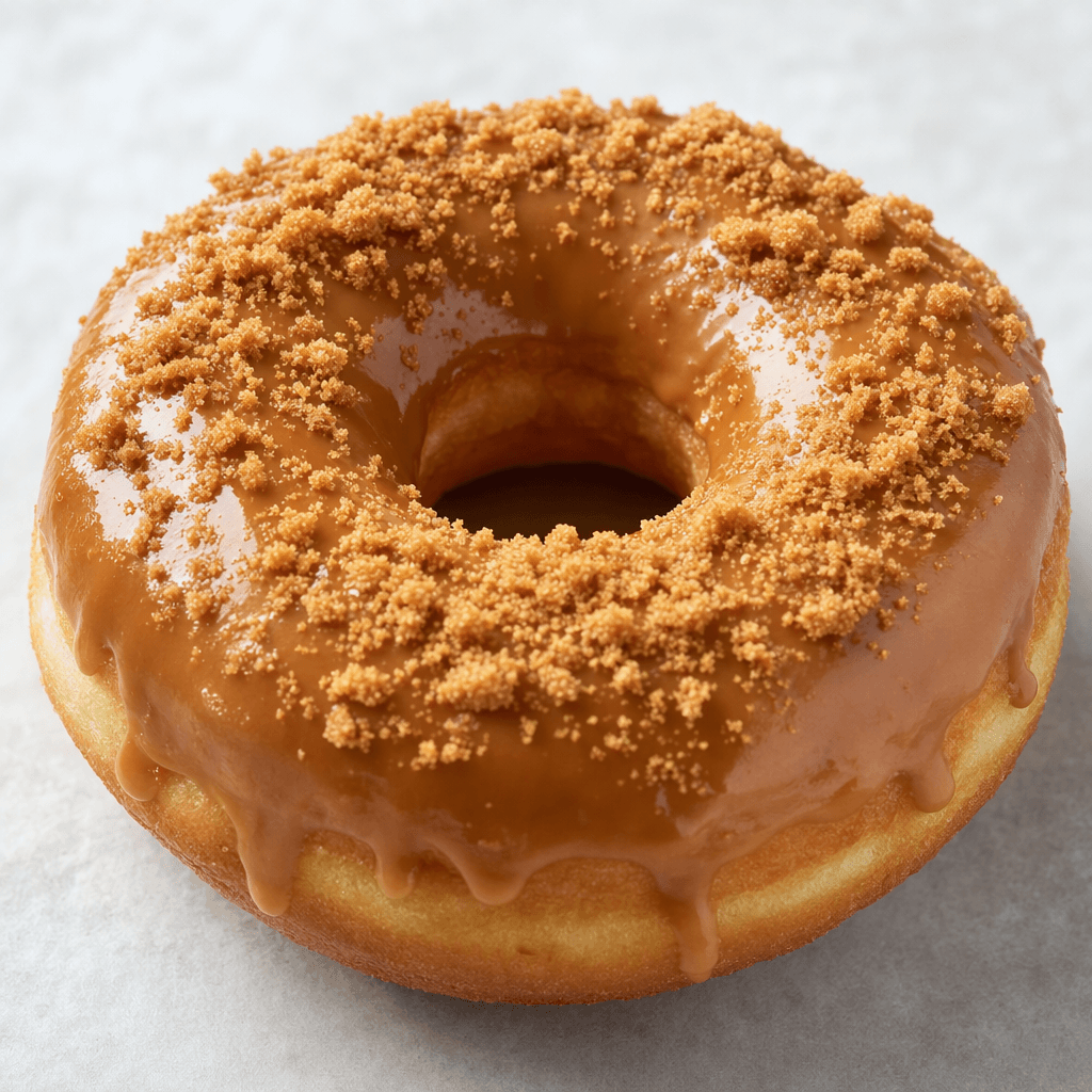 A golden-brown ring doughnut is coated with smooth caramel-brown icing and scattered with fine, sandy biscuit crumbs.