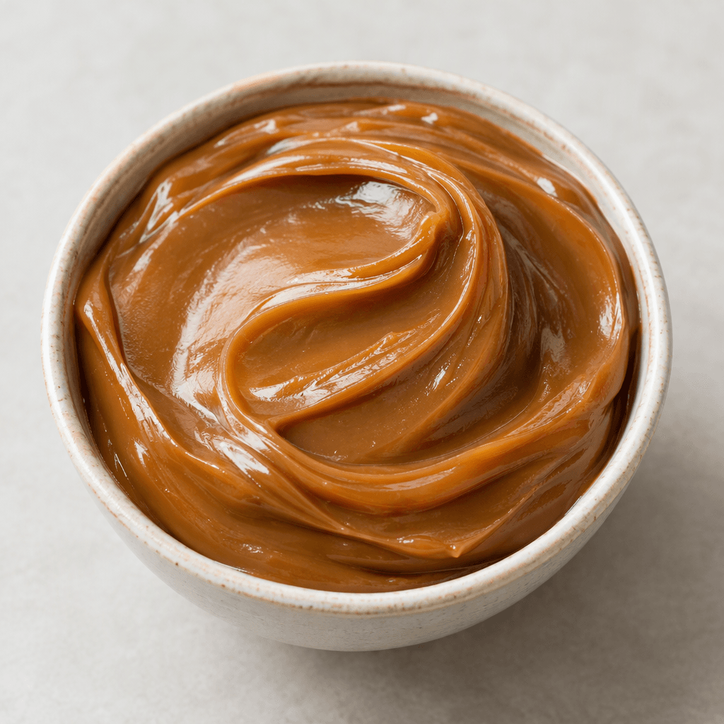 A thick, smooth, glossy caramel-brown spread sits in a small bowl, with soft swirls and ridges across its surface.