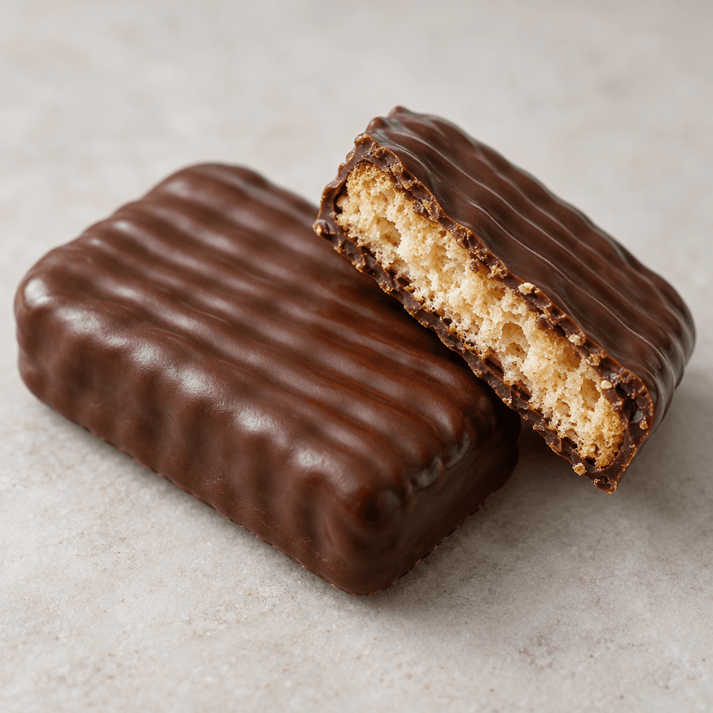 A small, rectangular dark-chocolate biscuit with a smooth, glossy brown coating and a lightly ridged surface, shown whole beside a broken piece that reveals a pale, crisp biscuit centre.