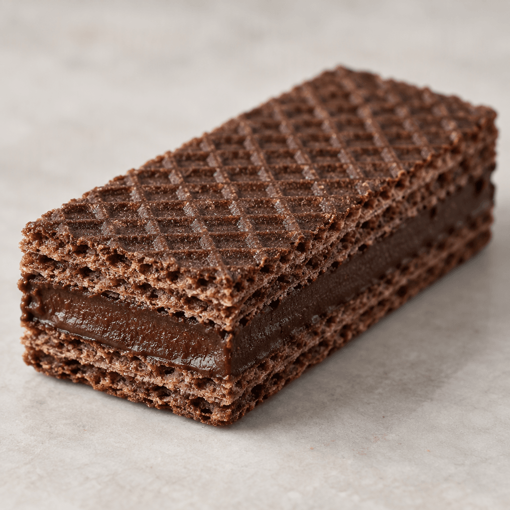 An oblong, rectangular cocoa wafer with a dark brown, lightly ridged surface and crisp, thin layers surrounding a thick stripe of dark chocolate cream visible at the cut end.
