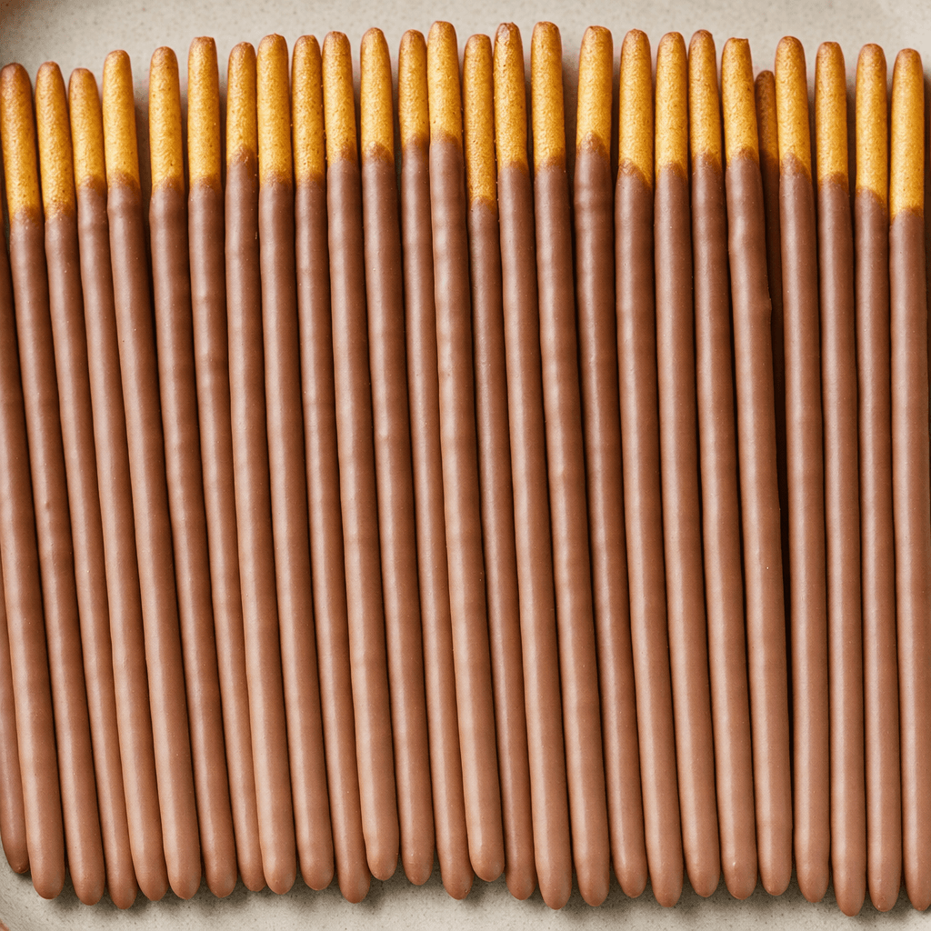 Slender, straight biscuit sticks with a crisp golden-brown surface are coated in smooth milk chocolate and arranged side by side.