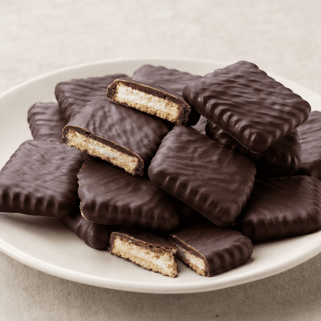 Small, dark-brown chocolate-coated biscuit pieces are arranged on a plate, with crisp ridged edges and a light-colored filling visible where they are broken open.