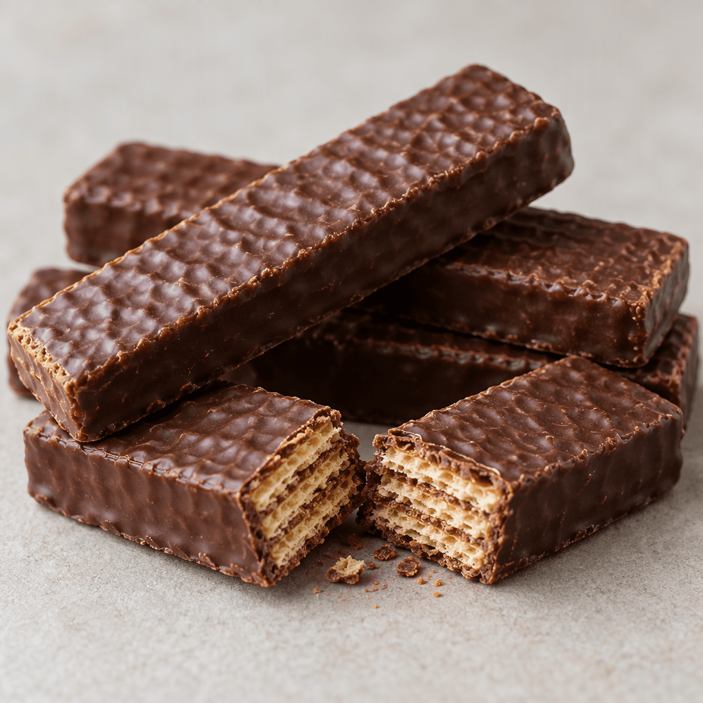 Several thin, rectangular wafer fingers with crisp, golden-brown grid-patterned layers and smooth dark chocolate coating are arranged on a plain surface, with one broken piece showing pale wafer layers inside.