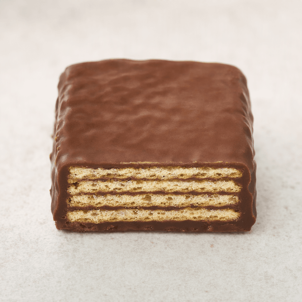A small square wafer with crisp, pale golden layers visible along its sides and a smooth, glossy coating of dark brown chocolate over the top and edges.