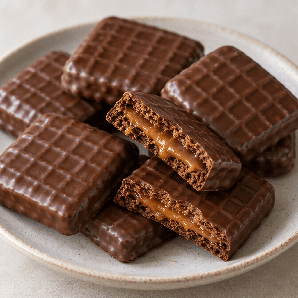 Small, square, chocolate-brown biscuits with a glossy coating and a lightly raised grid pattern sit on a plate, with caramel filling visible between the crisp layers of one broken piece.