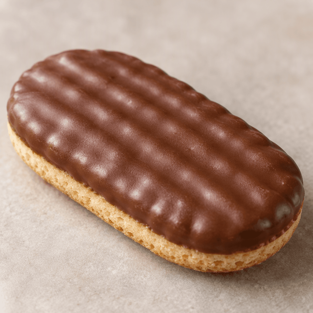 Small oblong biscuits with rounded corners are coated in smooth brown chocolate, with a gently ridged surface and a crisp, pale biscuit edge visible on the side.