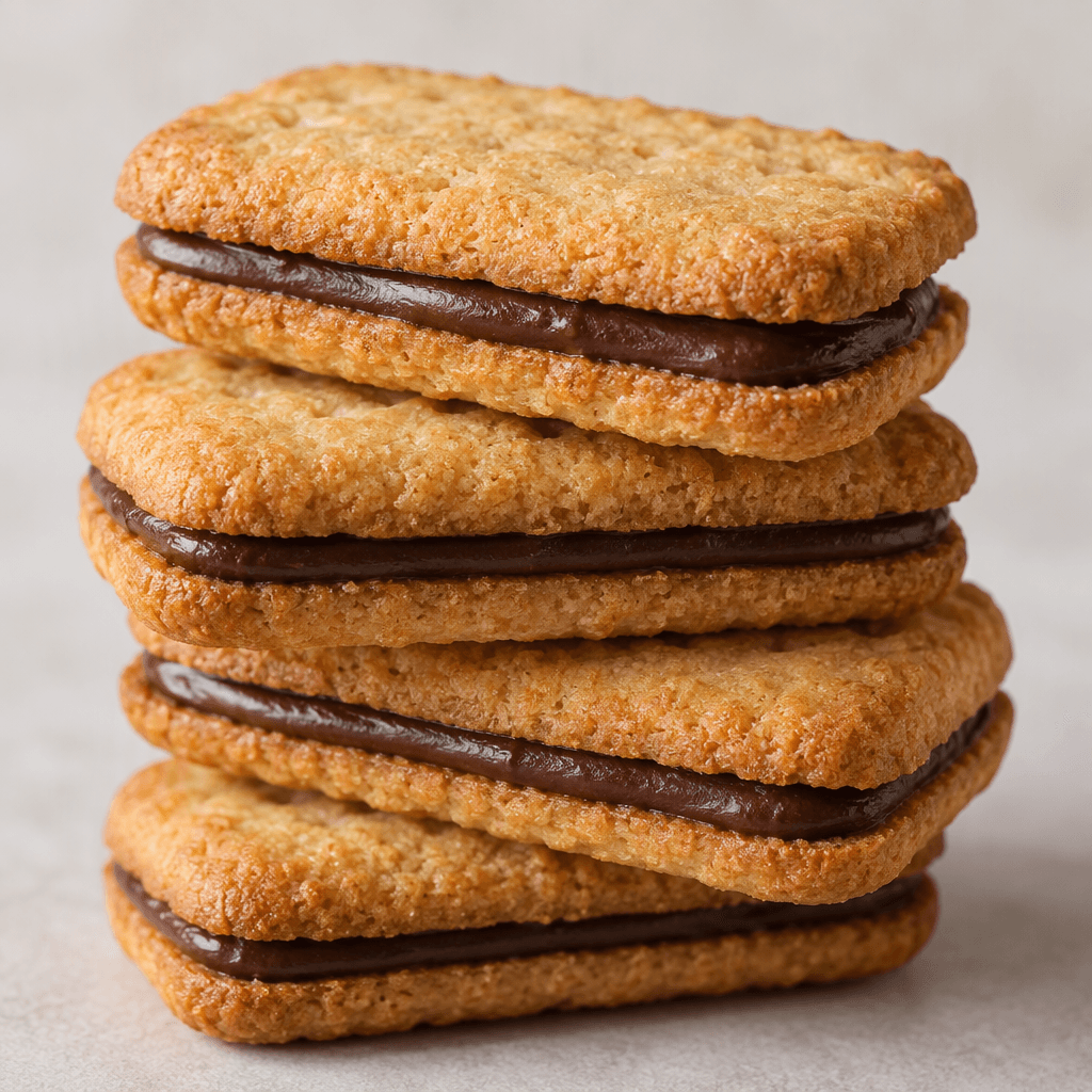 Small, golden-brown rectangular biscuits with rounded corners and a lightly textured surface are stacked together, with dark chocolate cream visible between their crisp layers.