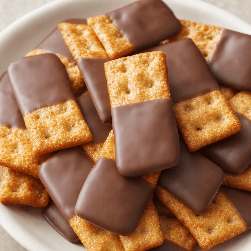 Small, thin, golden-brown rectangular crackers with a lightly bubbled, crisp-looking surface are partly coated in smooth brown chocolate and arranged together.