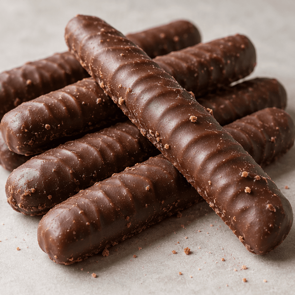 Several slim, finger-shaped biscuits with a dark brown chocolate coating are arranged side by side, their smooth surfaces broken by faint ridges and a few visible crumbs.