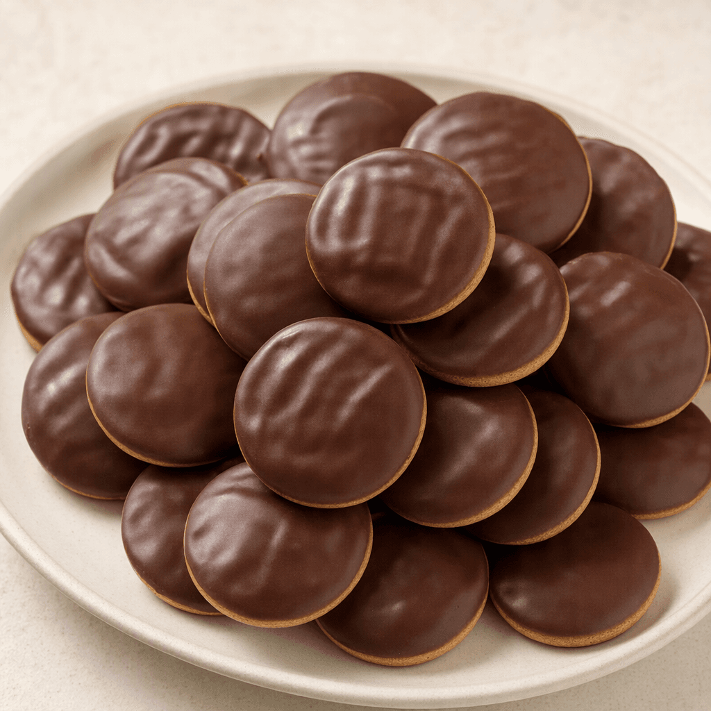 Small, dark-brown chocolate-coated biscuits with a smooth, slightly glossy surface are arranged together, with a pale biscuit layer visible at the edges.