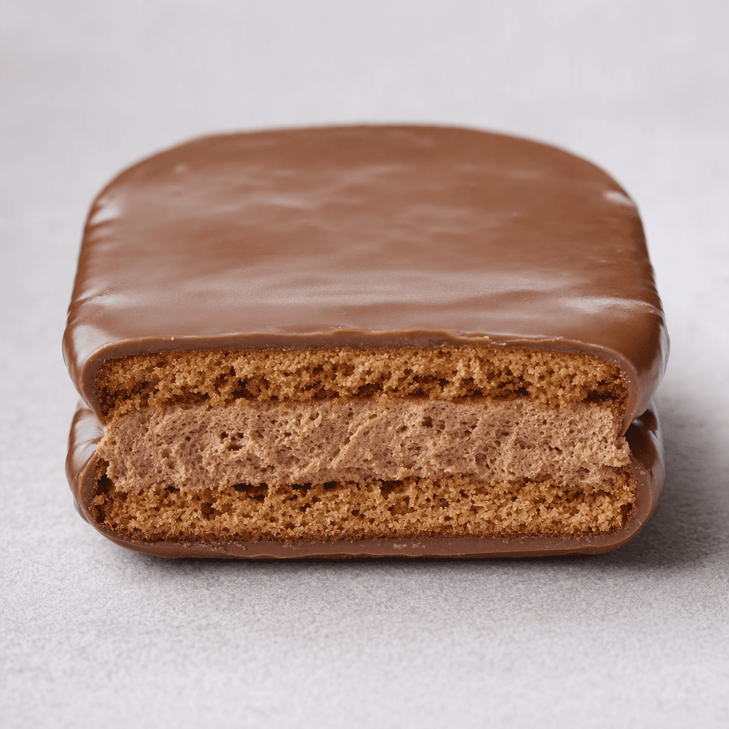 Small, rounded rectangular biscuits with a smooth milk-chocolate coating and a light, airy filling visible between the crisp biscuit layers.
