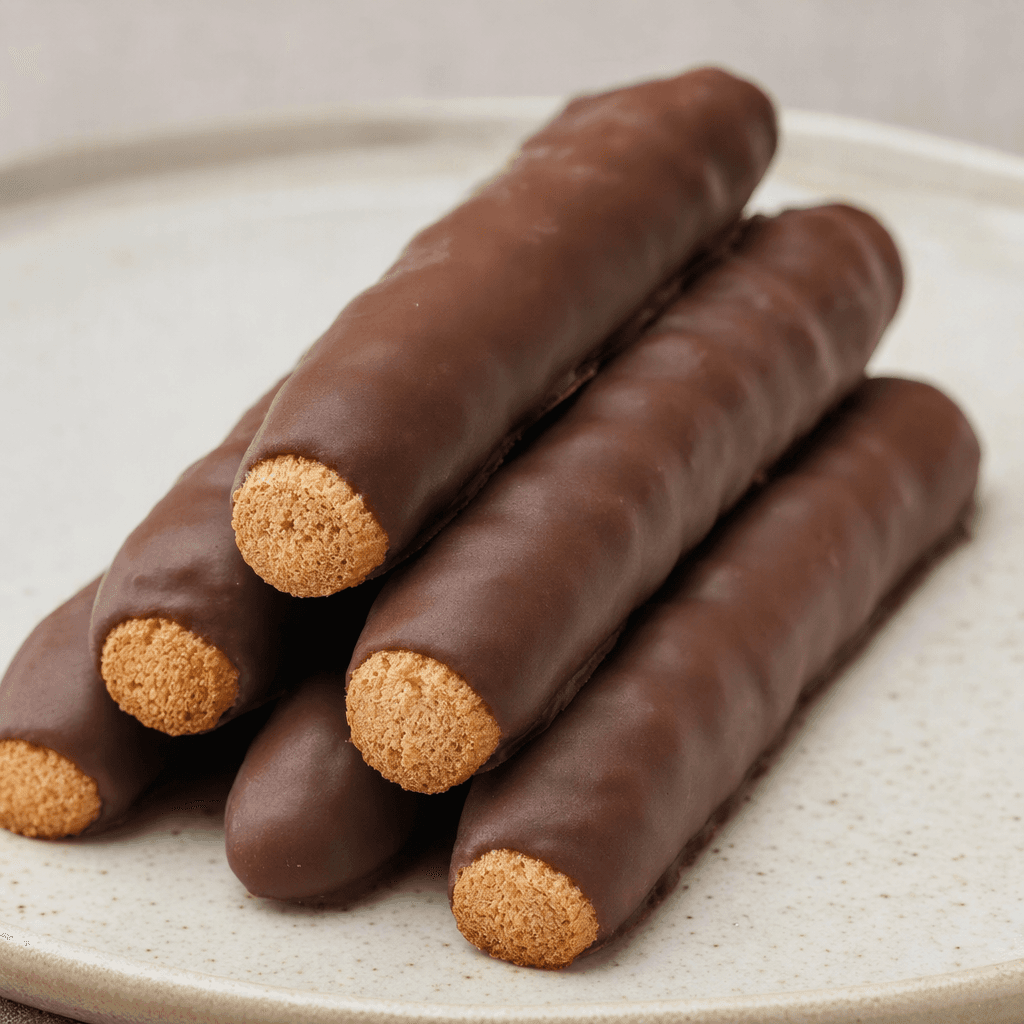 Several slim, finger-shaped biscuits are coated in dark brown chocolate, with a crisp, lightly textured biscuit visible at their ends.