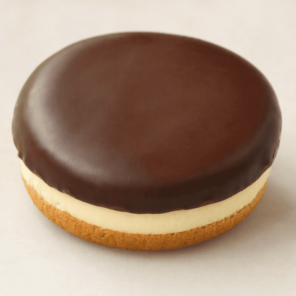 A small round, layered snack with a golden-brown biscuit base, a pale cream filling, and a smooth dark chocolate coating over the top.