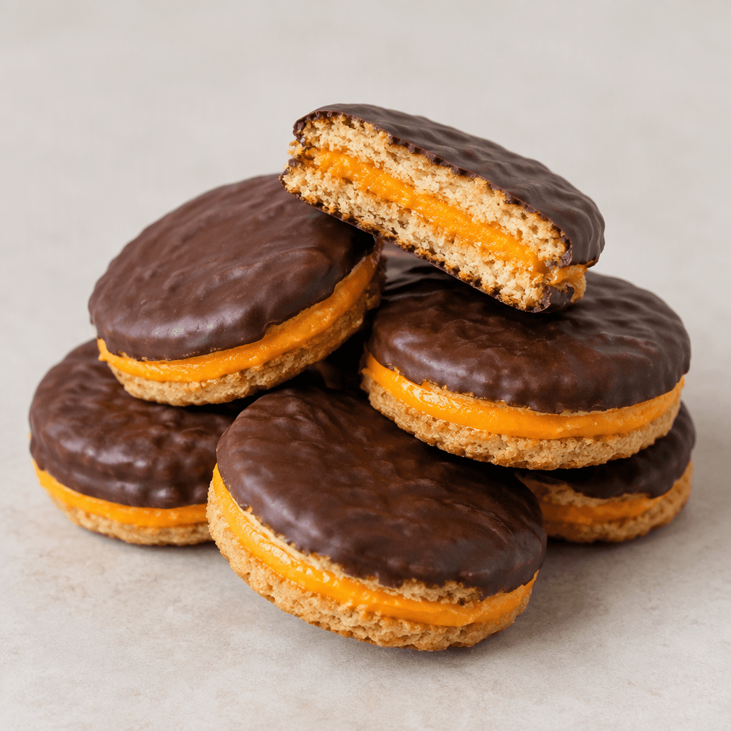 Small golden-brown biscuits are coated in dark chocolate, with bright orange filling visible between their crisp layers.