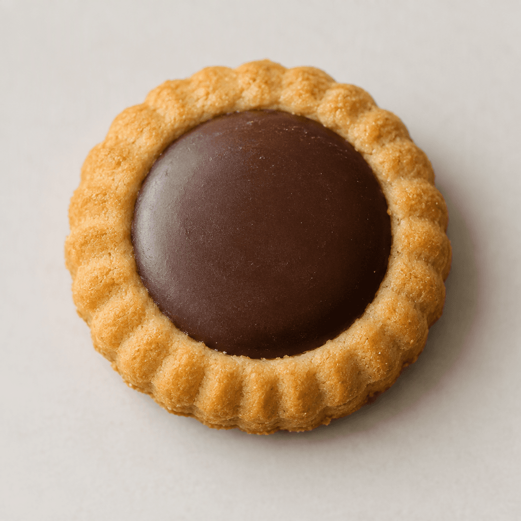 A small, round, golden-brown biscuit with a lightly ridged edge and a smooth, dark chocolate-colored center.