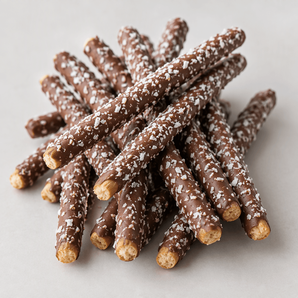 Slender, straight biscuit sticks are coated in smooth brown chocolate and dotted with fine white coconut flakes, with their ends visible.