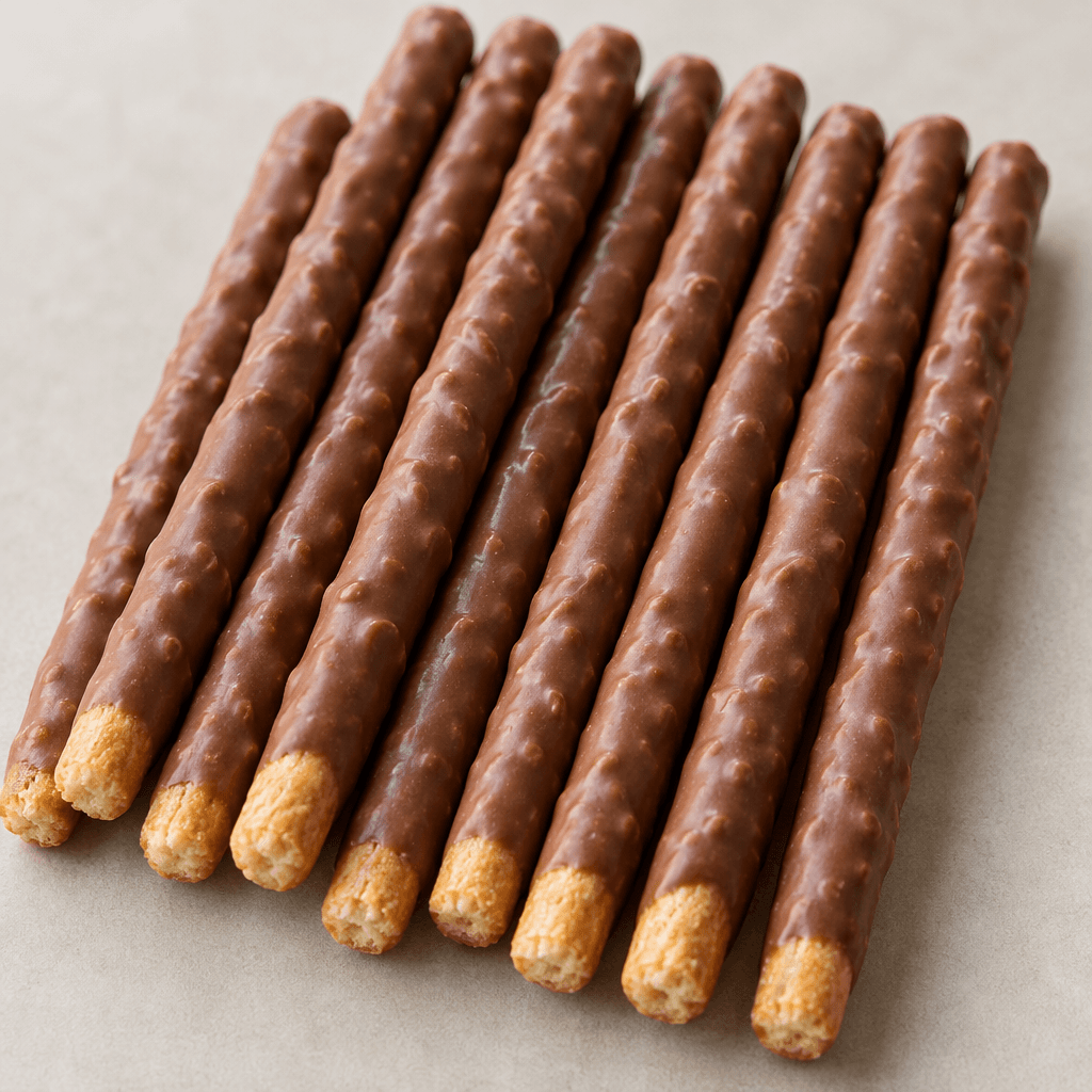 Slender, straight biscuit sticks coated in smooth medium-brown milk chocolate, with crisp ends and a lightly textured surface, arranged side by side.